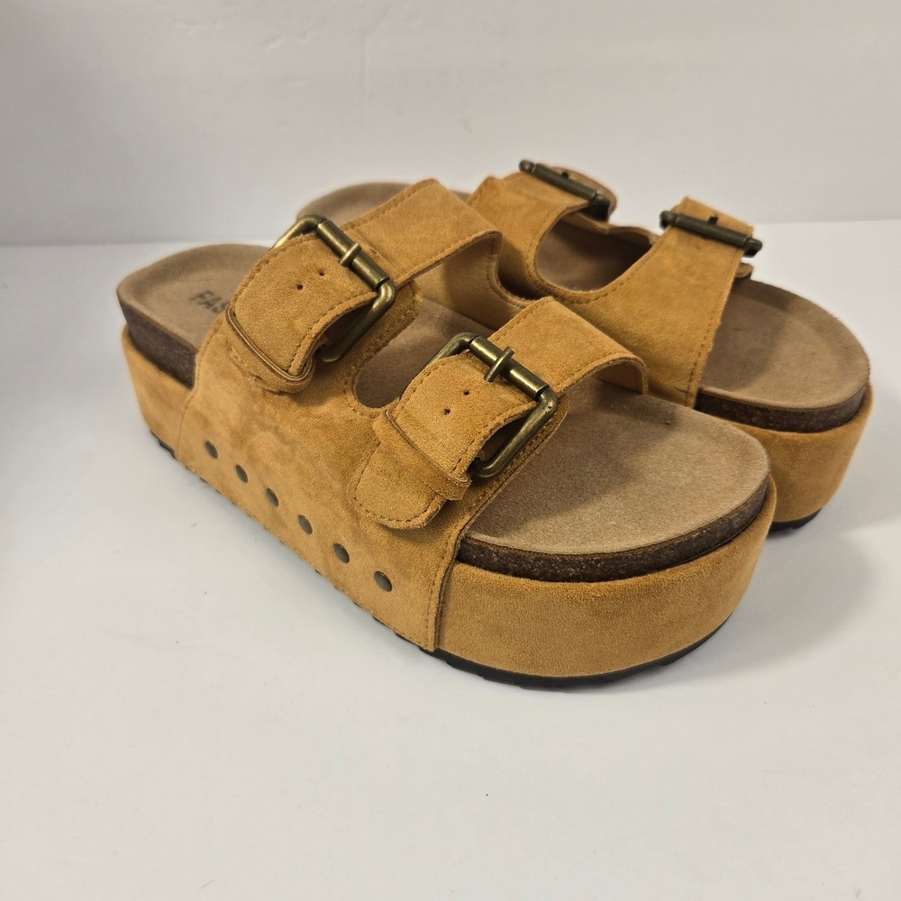 Fashion Women Platform Slide Sandals Camel Faux Suede Buckle Size 7 US